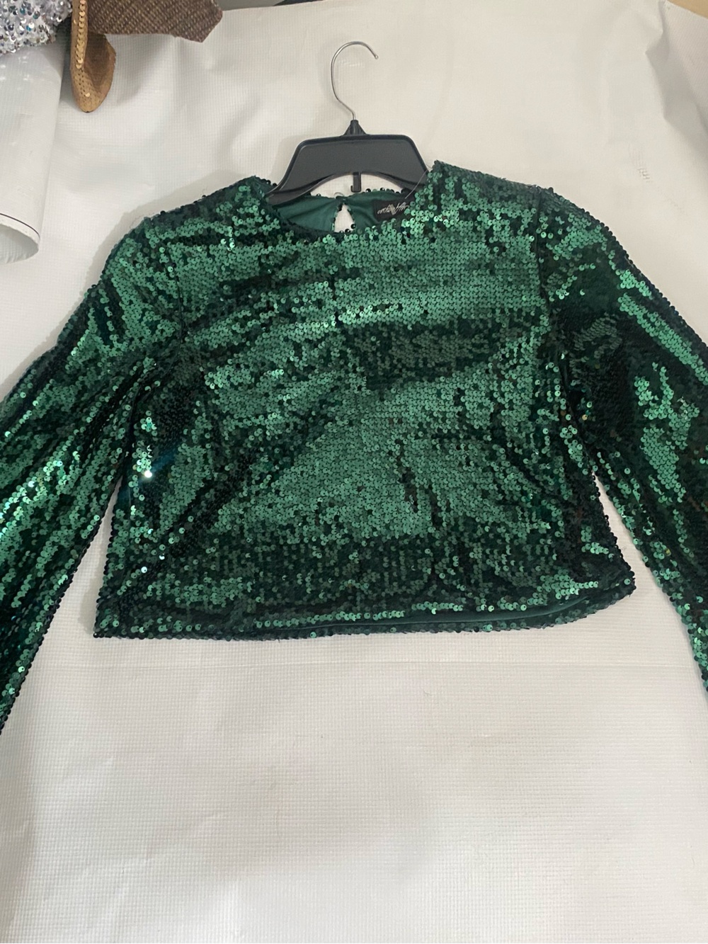 Green Sequin Long-Sleeve Crop Top and short set